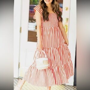 BuddyLove Red Gingham Smocked Midi Dress | Flutter Sleeve Tiered Dress